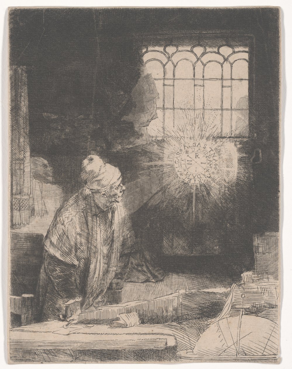 Faust w swoim gabinecie oglądając magiczny dysk lub Uczony w swoim gabinecie, ok. 1652 r. autorstwa Rembrandt van Rijn
