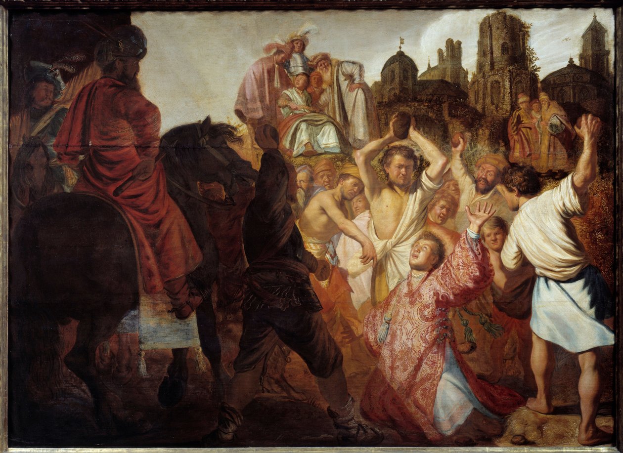 Pierwszy męczennik chrześcijański: „Ukamienowanie św. Szczepana” Obraz Harmensza Van Rijna Rembrandta (1606-1669) 1625 nd. 0,89x1,23 m Lyon, Muzeum Sztuk Pięknych autorstwa Rembrandt van Rijn