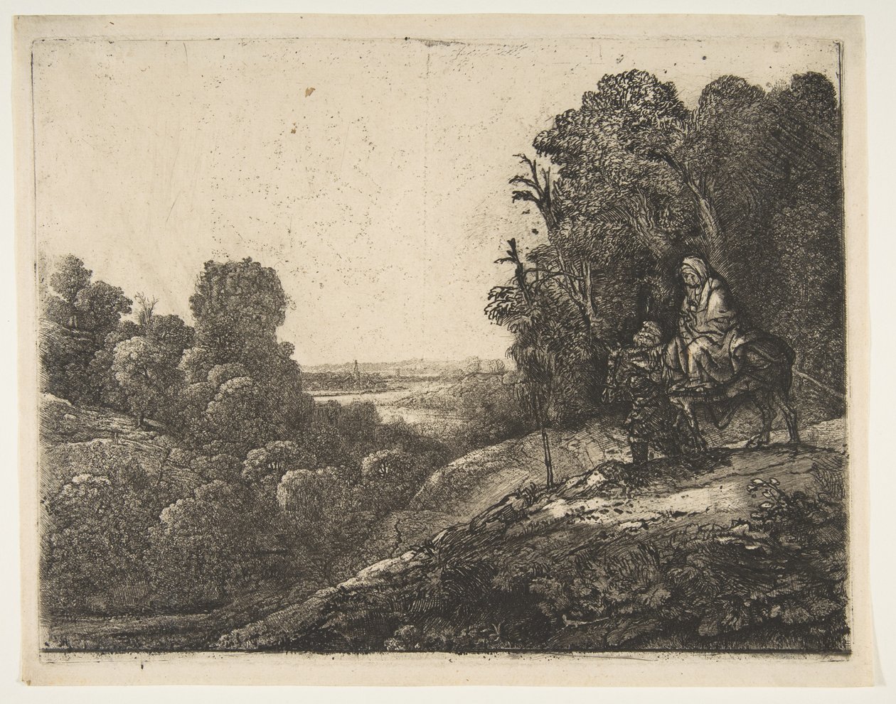 Ucieczka do Egiptu: przemieniona z Tobiasza i Anioła przez Herkulesa Segersa, ca. 1653. autorstwa Rembrandt van Rijn