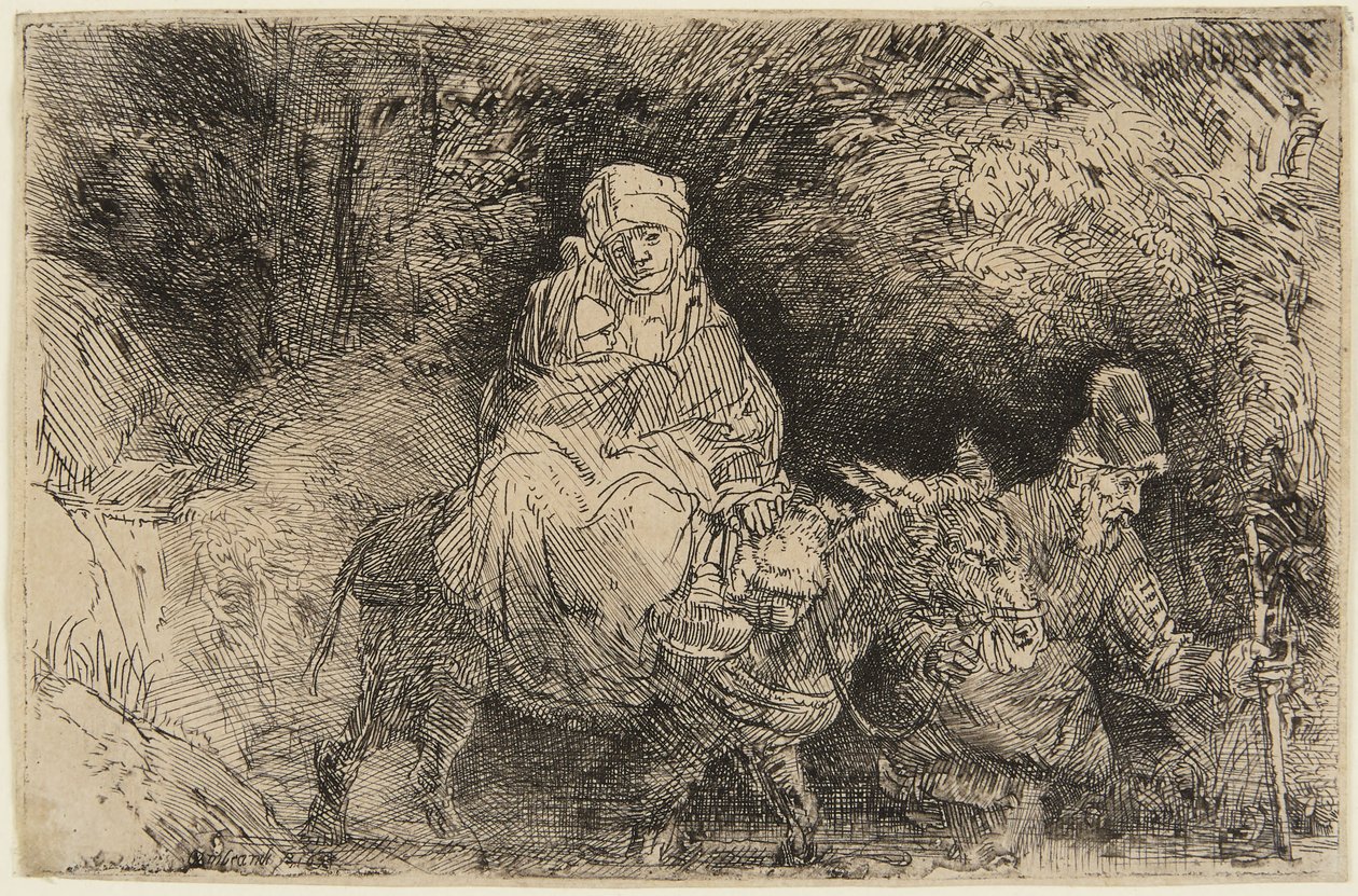 Ucieczka do Egiptu: Święta Rodzina przekracza strumień autorstwa Rembrandt van Rijn