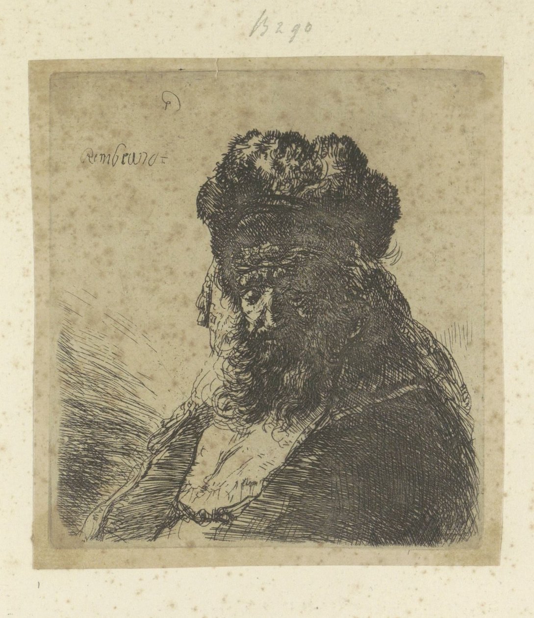 Brodaty starzec z wysokim futrzanym kapeluszem i zamkniętymi oczami Recueil de quatre-vingt-cinq estampes originales (tytuł serii) autorstwa Rembrandt van Rijn