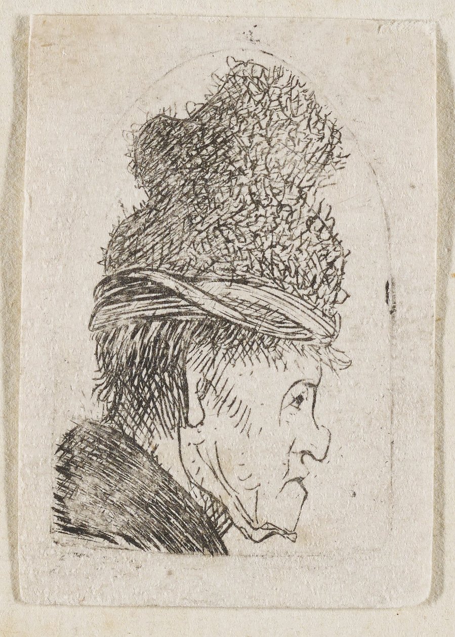 Groteskowy profil: mężczyzna w czapce z daszkiem autorstwa Rembrandt van Rijn