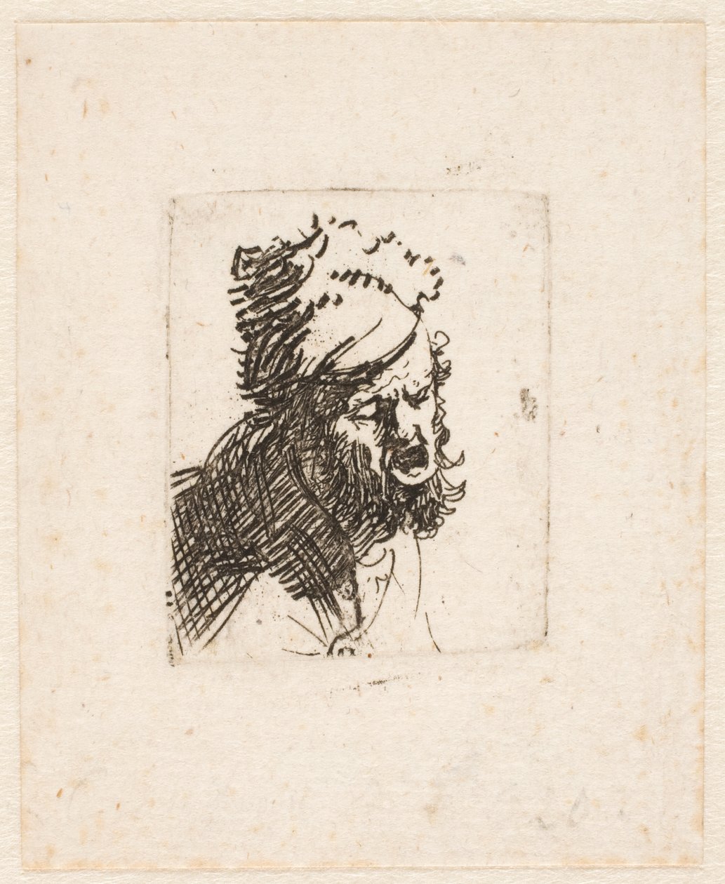 Głowa mężczyzny w futrzanej czapce, krzycząca autorstwa Rembrandt van Rijn