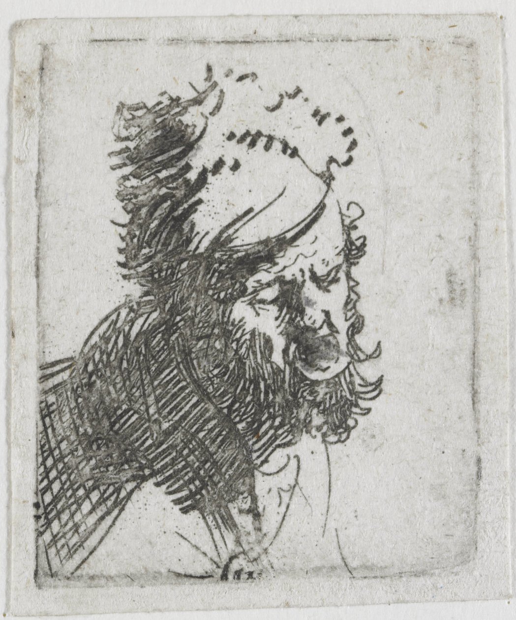 Głowa mężczyzny w futrzanej czapce, krzycząca autorstwa Rembrandt van Rijn