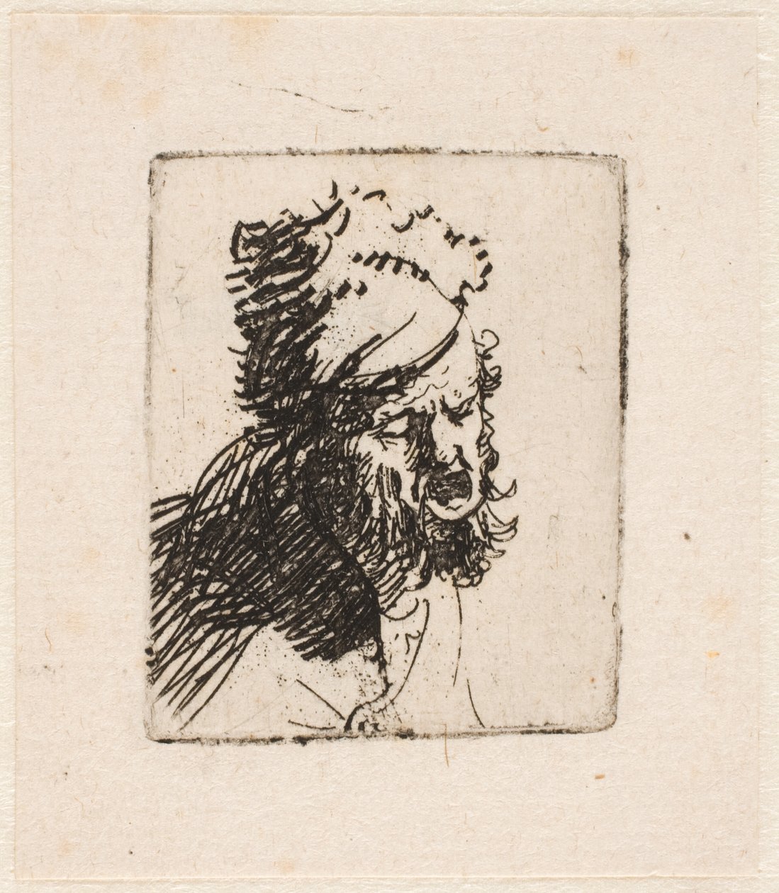 Głowa mężczyzny w futrzanej czapce, krzycząca autorstwa Rembrandt van Rijn