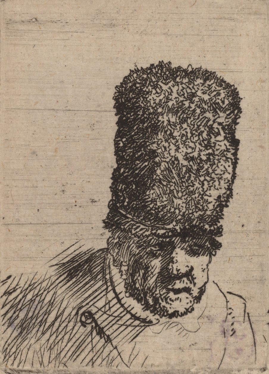 Głowa starca w wysokiej futrzanej czapce. autorstwa Rembrandt van Rijn