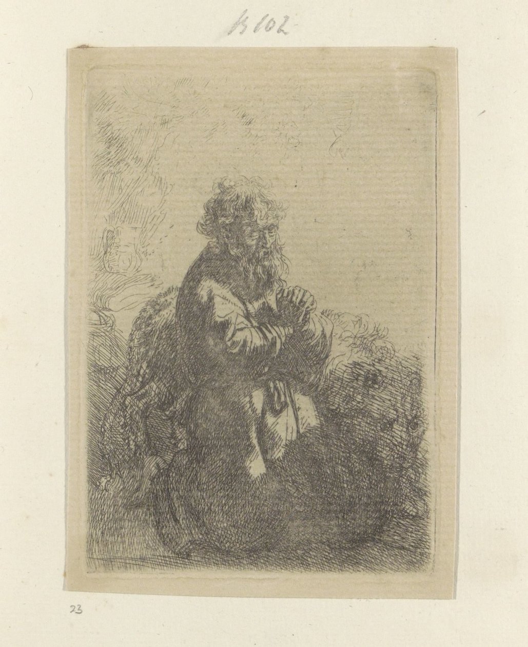 Hieronim klęczący w modlitwie, spoglądający w dół Recueil de quatre-vingt-cinq estampes originales (tytuł serii) autorstwa Rembrandt van Rijn