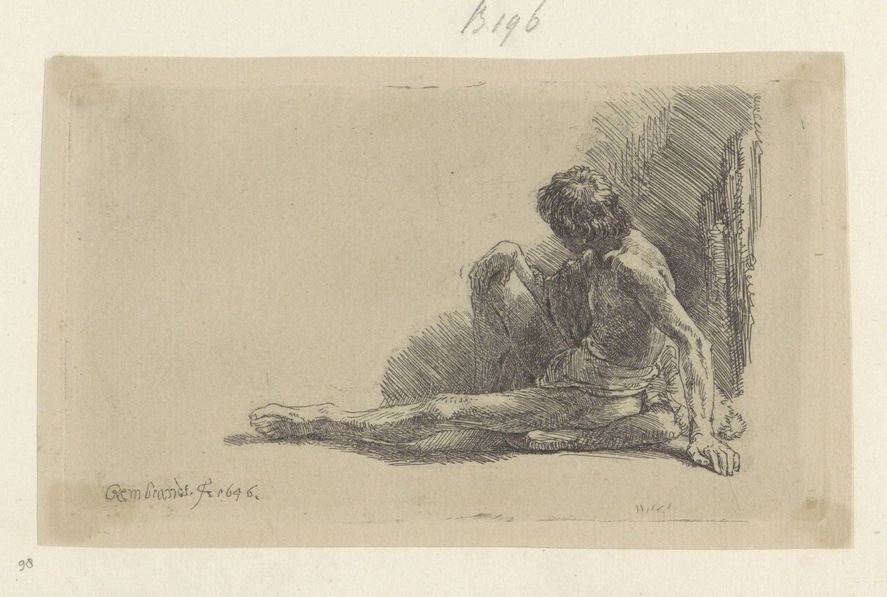 Młody mężczyzna siedzący na podłodze z jedną nogą wyprostowaną Recueil de quatre-vingt-cinq estampes originales (tytuł serii) autorstwa Rembrandt van Rijn