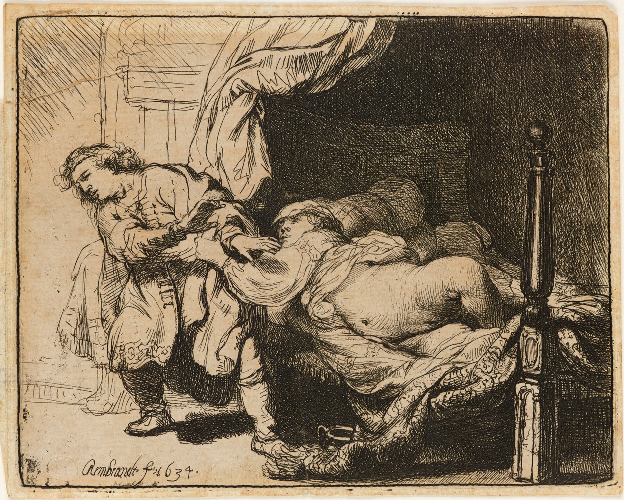 Żona Józefa i Potyfara [Gen. 39:7-12], 1634. autorstwa Rembrandt van Rijn
