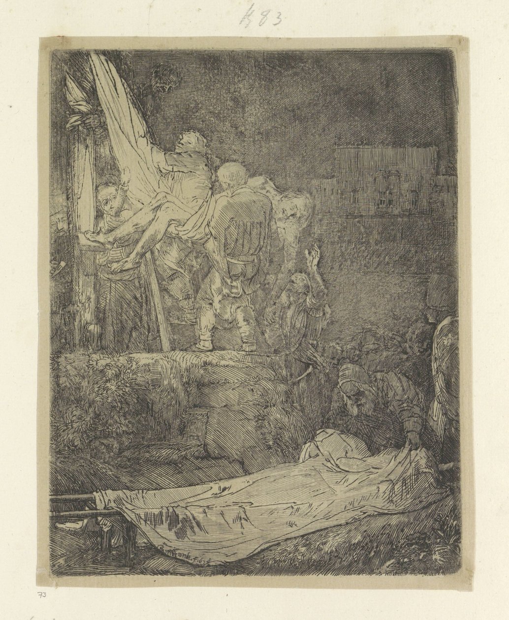 Zejście z krzyża przy świetle pochodni Recueil de quatre-vingt-cinq estampes originales (tytuł serii) autorstwa Rembrandt van Rijn