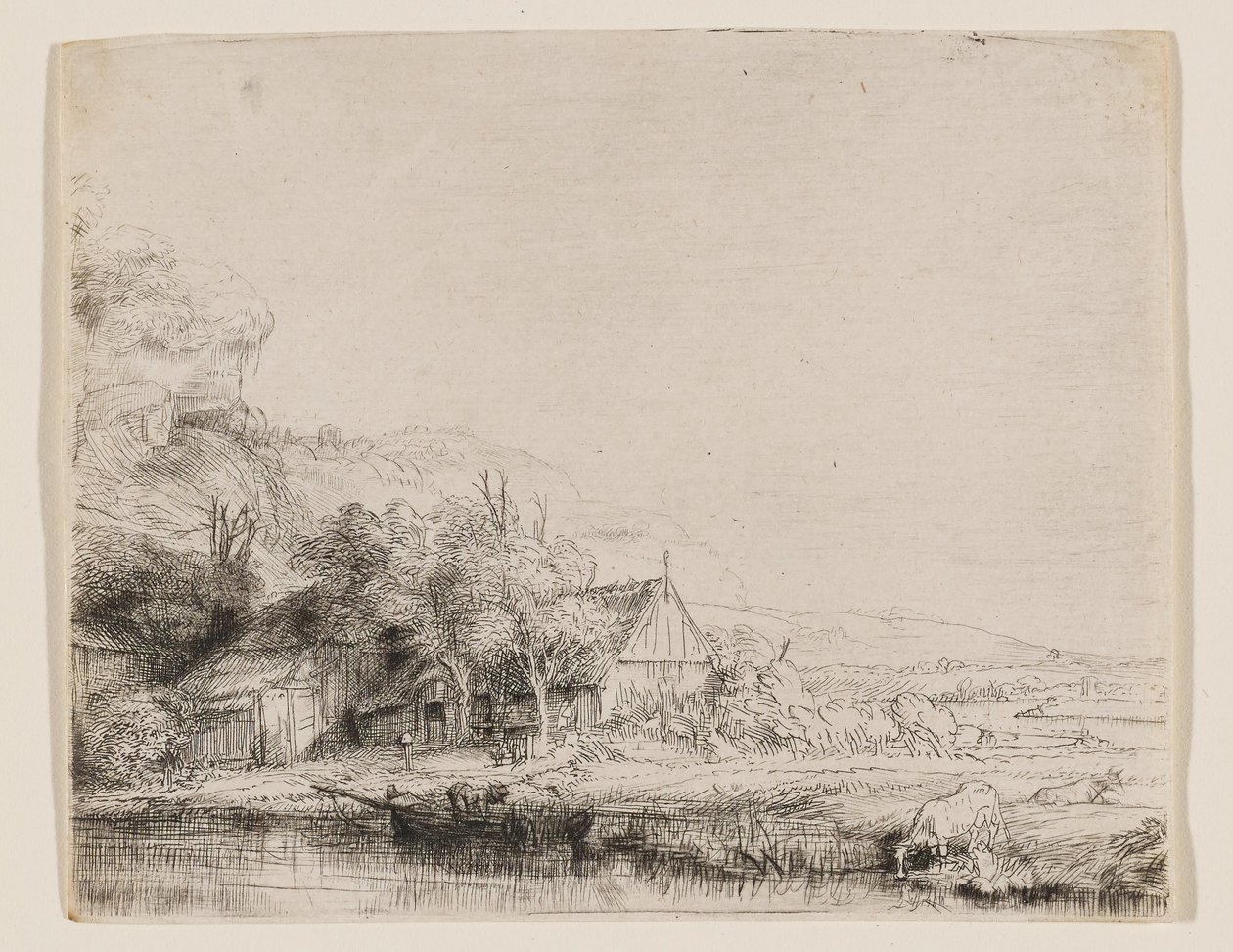 Krajobraz z krową pijąca wodę autorstwa Rembrandt van Rijn