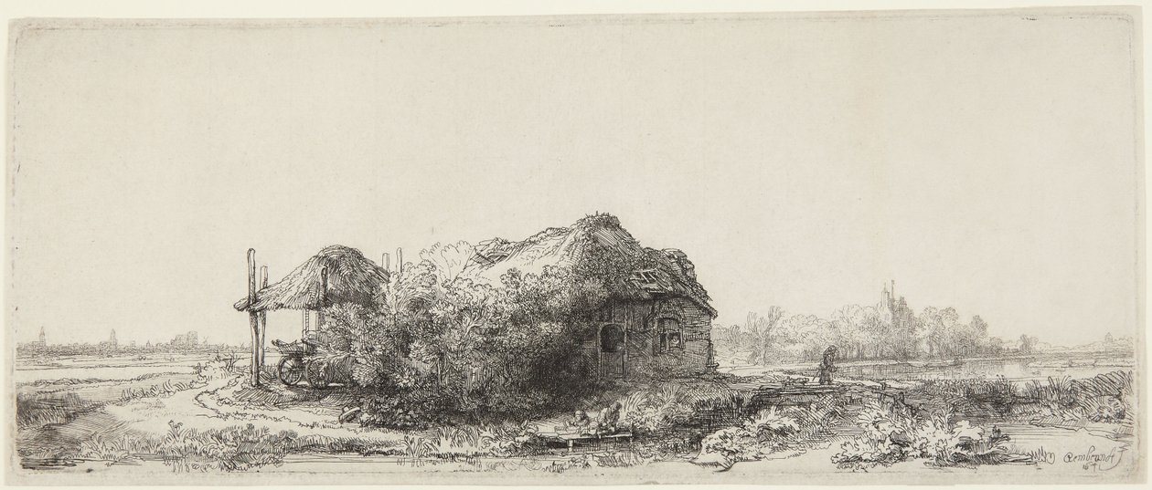 Krajobraz z domkami i stodołą na siano autorstwa Rembrandt van Rijn