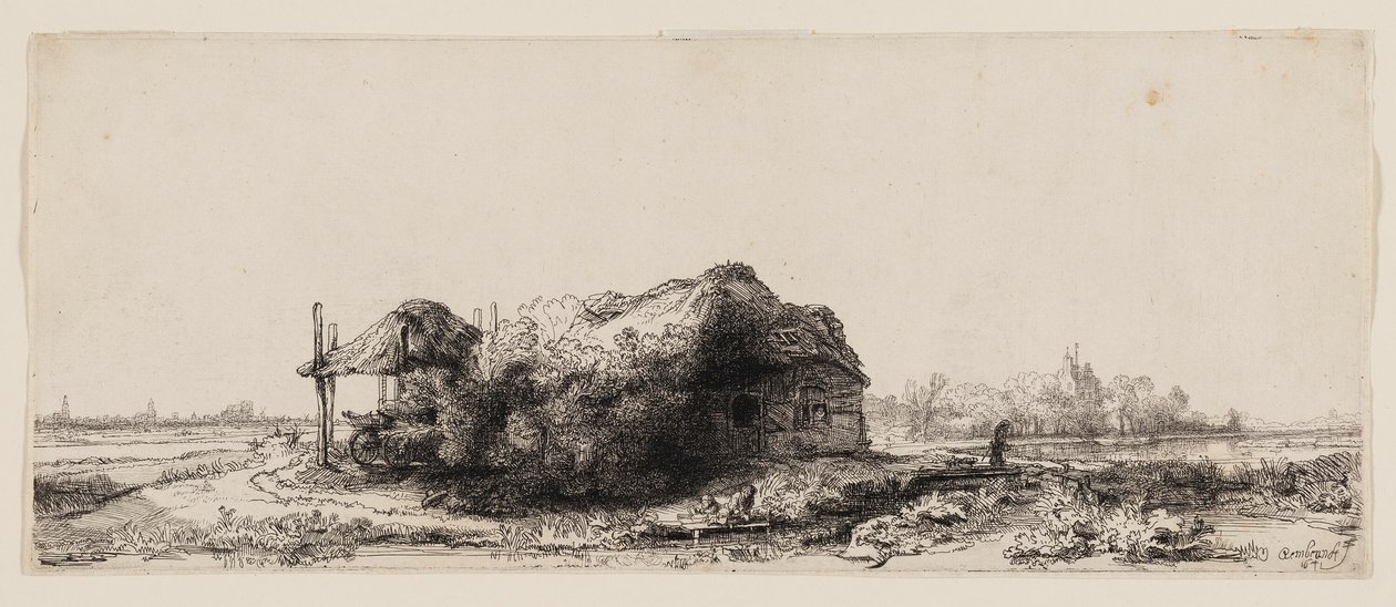 Krajobraz z domkami i stodołą na siano: podłużny autorstwa Rembrandt van Rijn