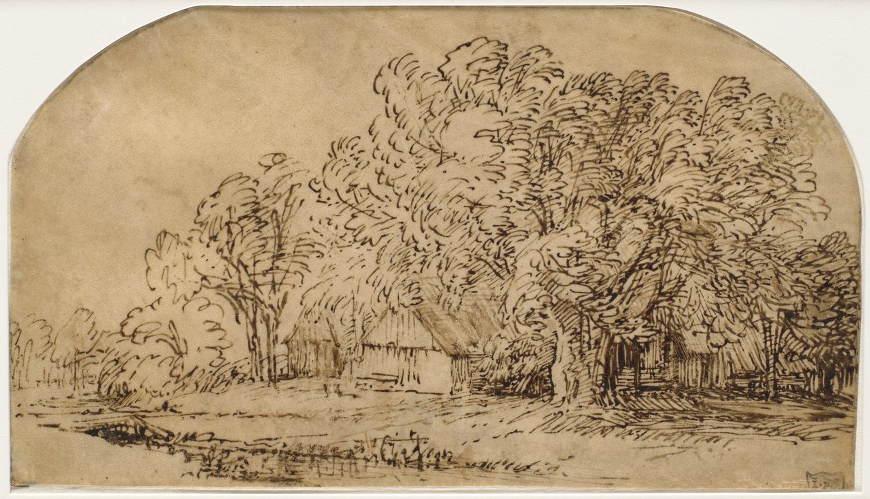 Krajobraz z domkami pod wysokimi drzewami („Podmuch wiatru”) autorstwa Rembrandt van Rijn