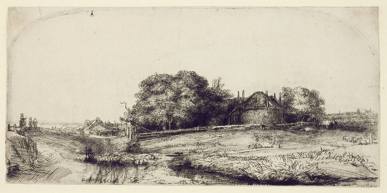 Pejzaż ze stodołą i stadem owiec, ok. 1652 (akwaforta i suchy punkt na papierze) autorstwa Rembrandt van Rijn