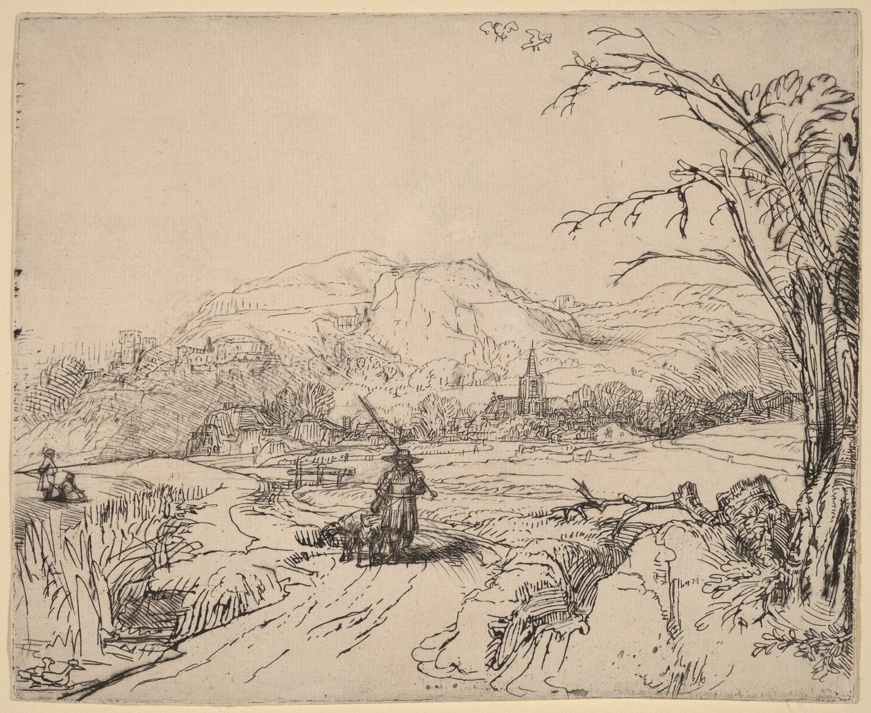 Pejzaż z myśliwym i psem autorstwa Rembrandt van Rijn