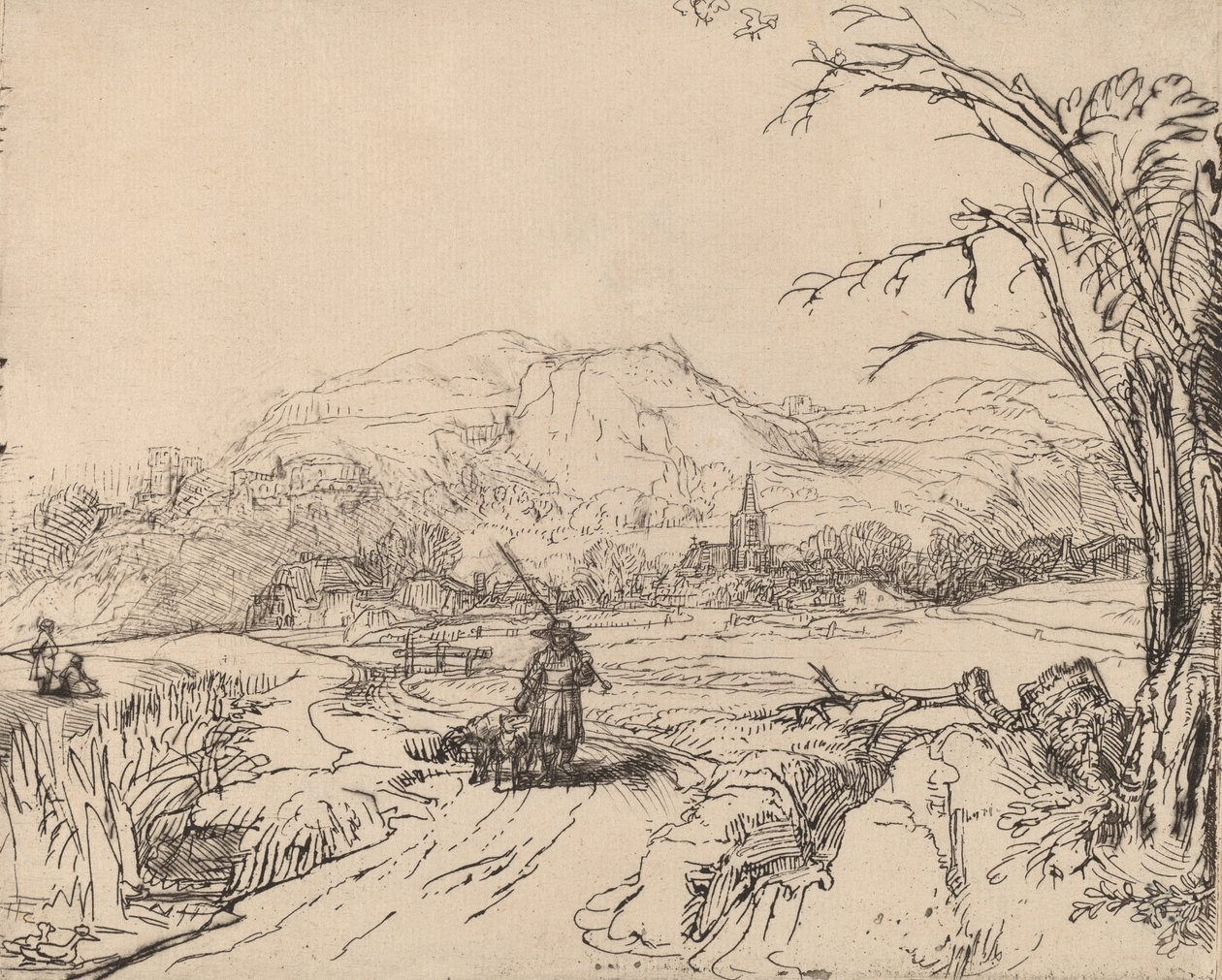 Pejzaż ze sportowcem i psem, ok. godz. 1653. autorstwa Rembrandt van Rijn