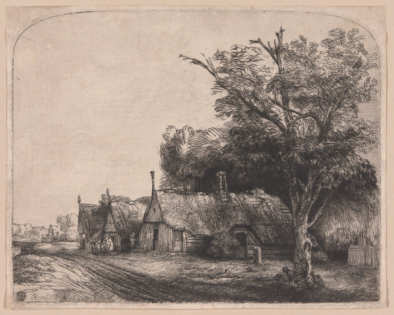 Krajobraz z trzema dwuspadowymi domkami przy drodze autorstwa Rembrandt van Rijn