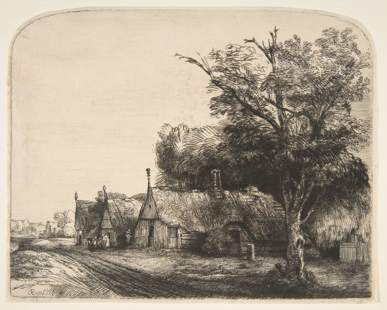 Krajobraz z trzema dwuspadowymi domkami przy drodze, 1650. autorstwa Rembrandt van Rijn