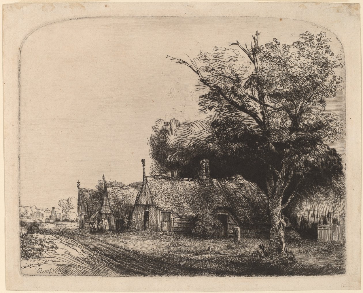 Krajobraz z trzema szczytowymi domkami przy drodze autorstwa Rembrandt van Rijn