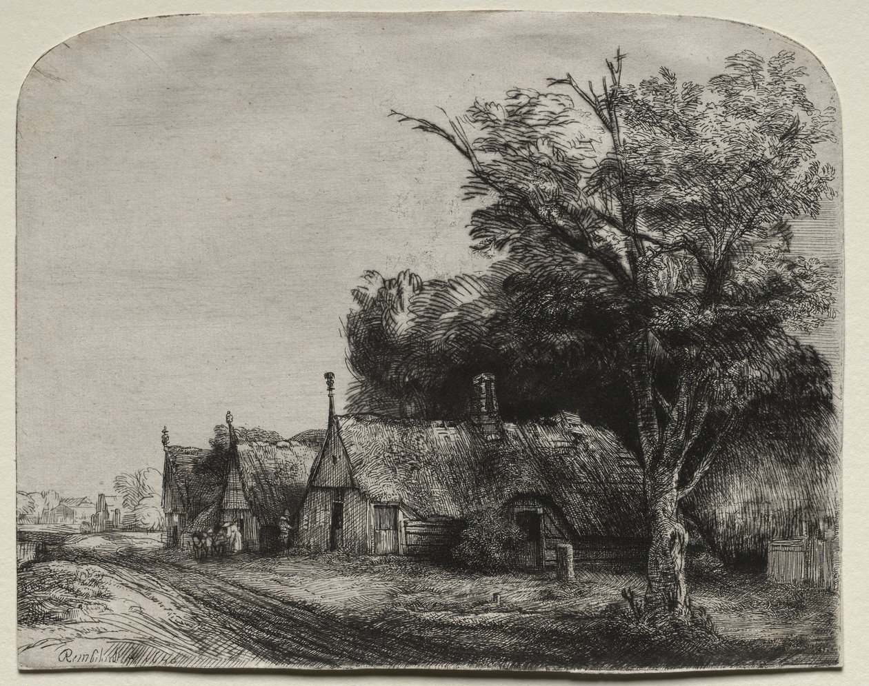 Krajobraz z trzema szczytowymi domkami przy drodze autorstwa Rembrandt van Rijn