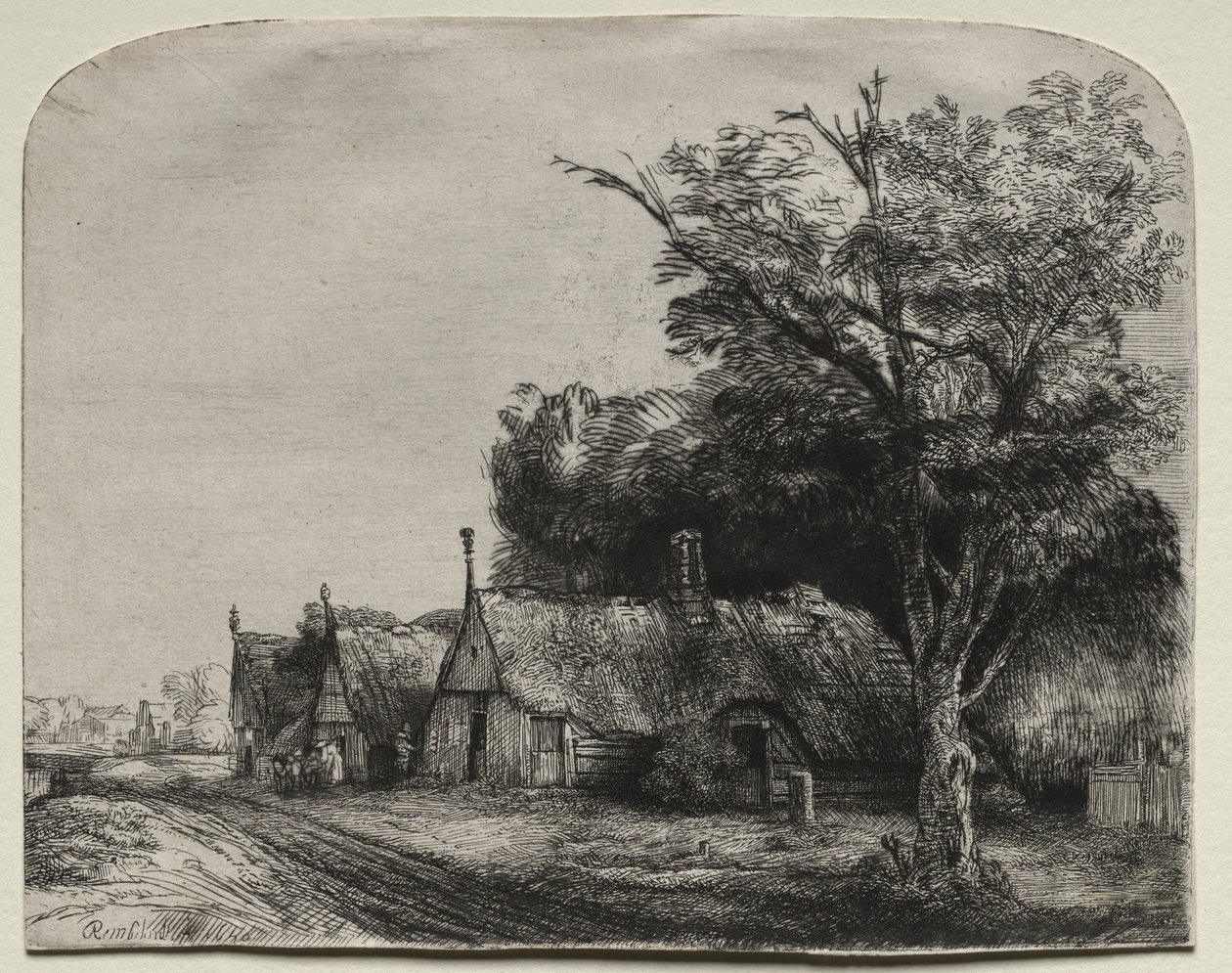 Krajobraz z trzema szczytowymi domkami przy drodze, 1650. autorstwa Rembrandt van Rijn