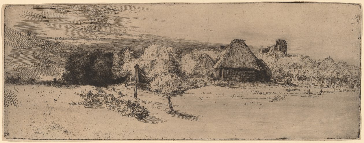 Krajobraz z drzewami, budynkami gospodarczymi i wieżą autorstwa Rembrandt van Rijn