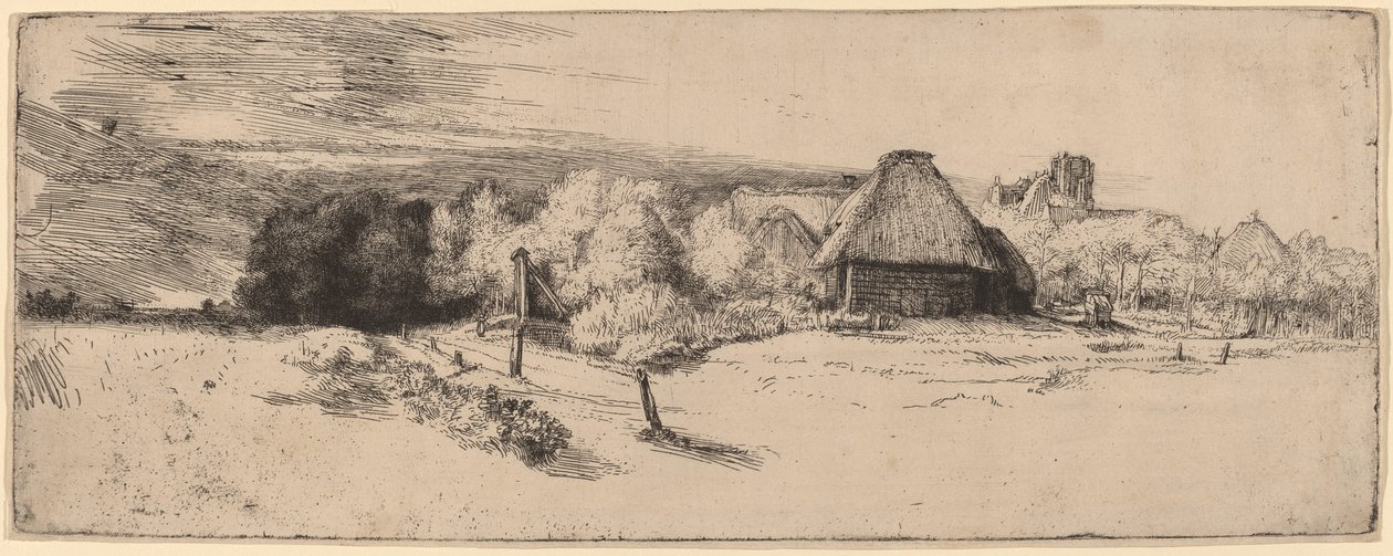 Krajobraz z drzewami, budynkami gospodarczymi i wieżą autorstwa Rembrandt van Rijn