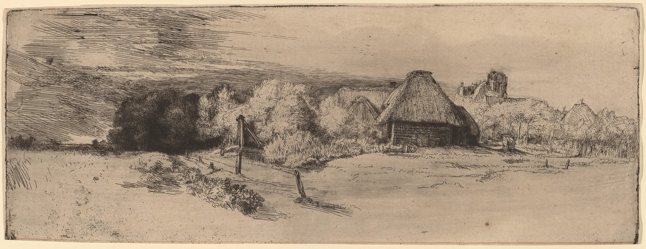 Krajobraz z drzewami, budynkami gospodarczymi i wieżą autorstwa Rembrandt van Rijn
