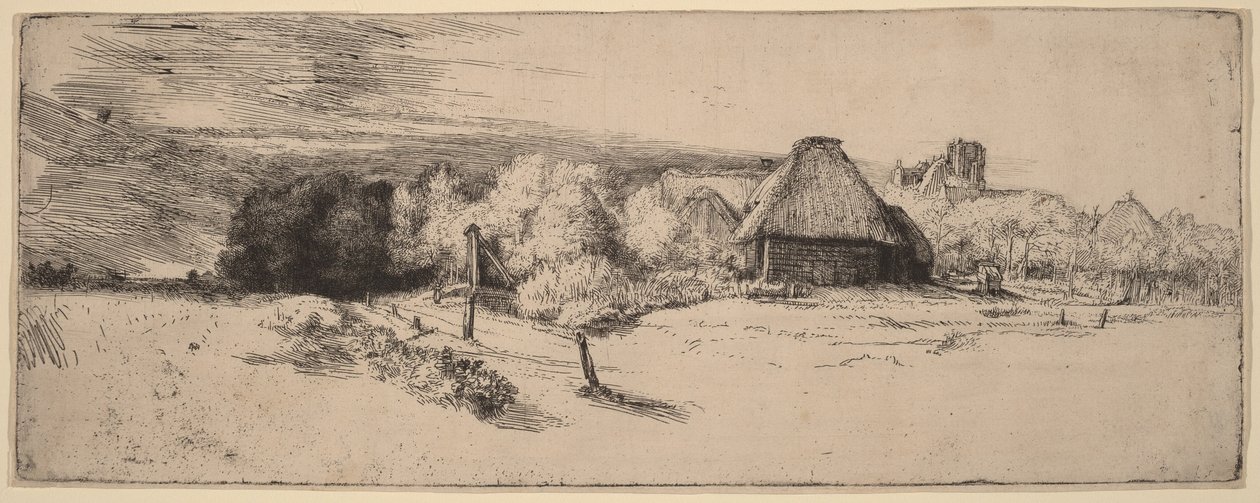 Krajobraz z drzewami, budynkami gospodarczymi i wieżą autorstwa Rembrandt van Rijn