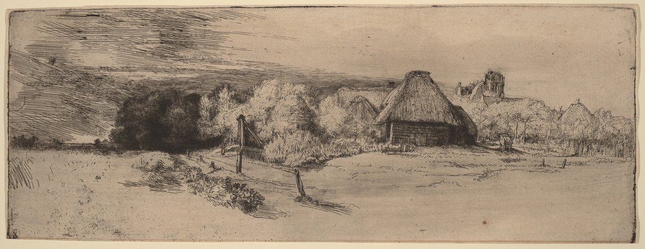 Krajobraz z drzewami, budynkami gospodarczymi i wieżą autorstwa Rembrandt van Rijn