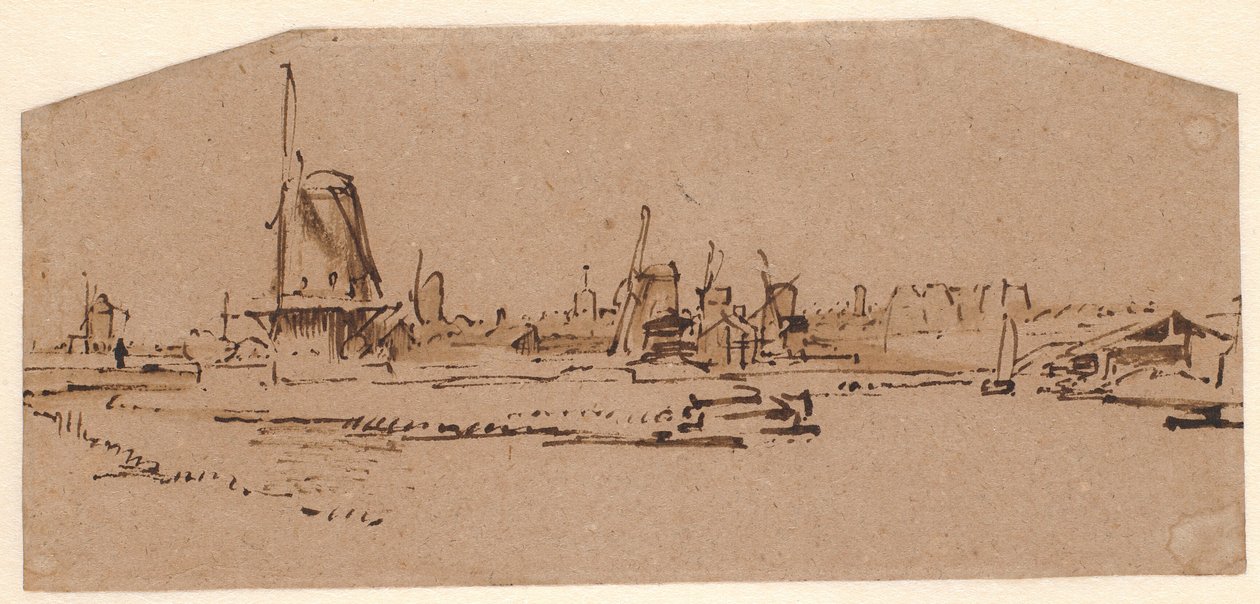 Krajobraz z wiatrakami na kanale na zachód od Amsterdamu autorstwa Rembrandt van Rijn