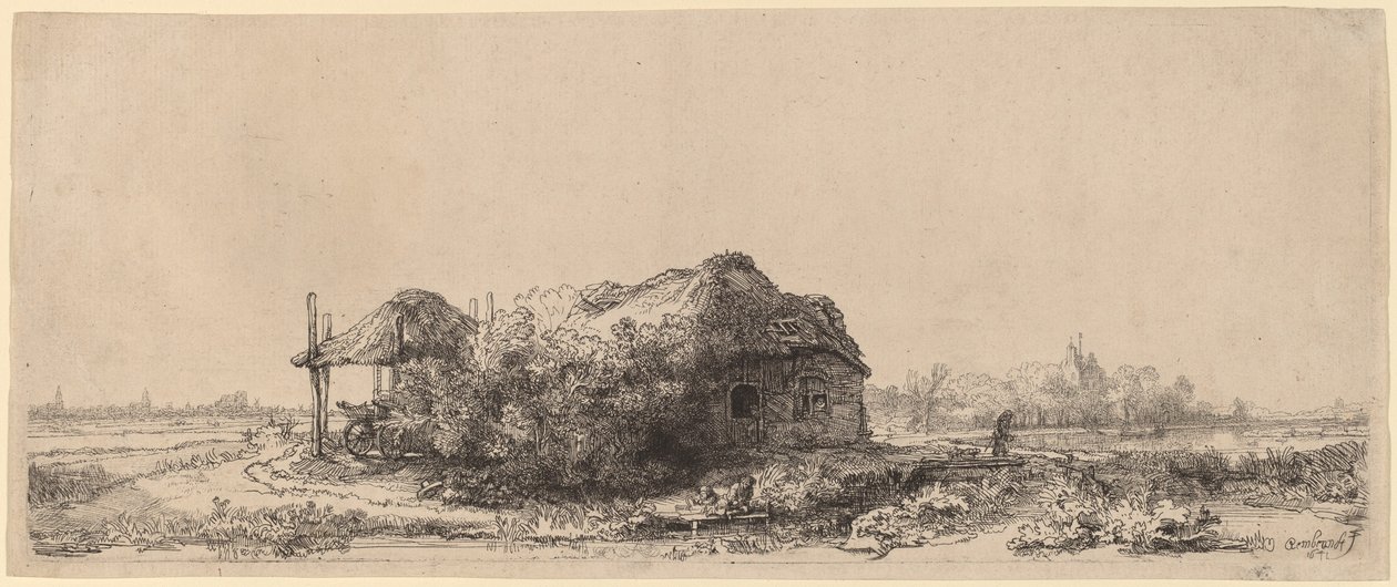 Krajobraz z chatą i stodołą na siano: podłużny autorstwa Rembrandt van Rijn