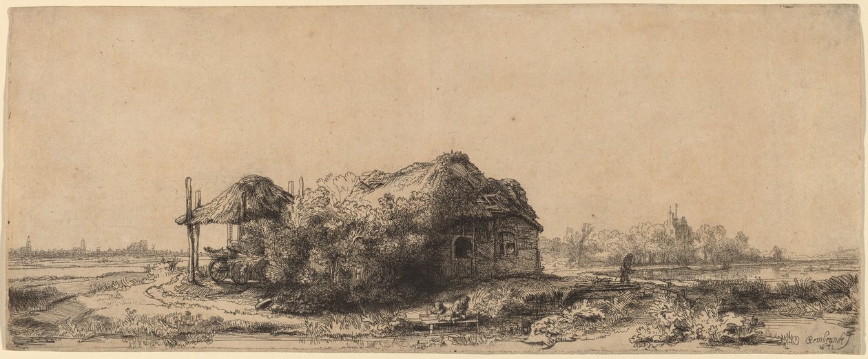 Krajobraz z chatą i stodołą na siano: podłużny autorstwa Rembrandt van Rijn
