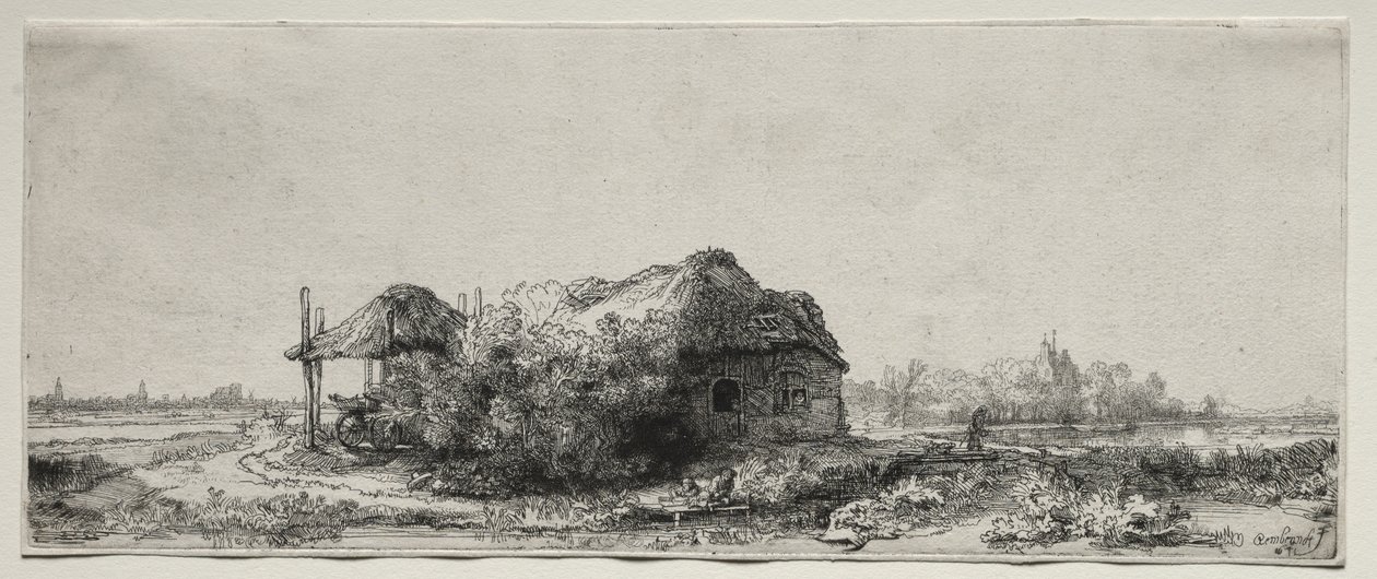 Krajobraz z chatą i stodołą na siano: podłużny autorstwa Rembrandt van Rijn