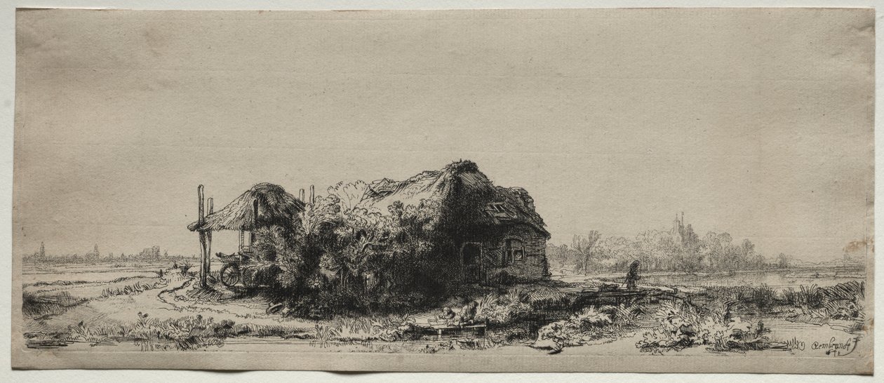 Krajobraz z chatą i stodołą na siano: podłużny autorstwa Rembrandt van Rijn