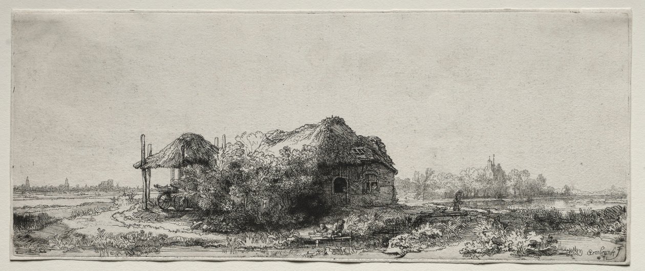 Krajobraz z chatą i stodołą na siano: Oblong, 1641. autorstwa Rembrandt van Rijn