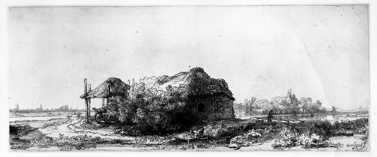 Krajobraz z chatą i stodołą, sztychowany przez Jamesa Bretherton autorstwa Rembrandt van Rijn