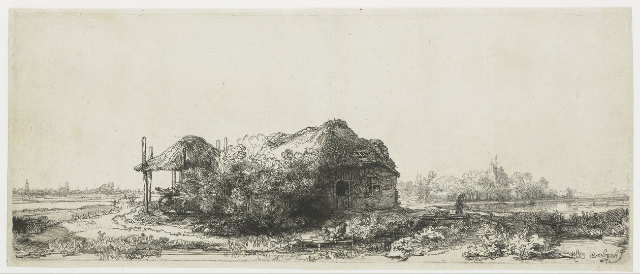 Krajobraz z chatą i stodołą na siano Krajobraz z chałupami i stodołą na siano: podłużny autorstwa Rembrandt van Rijn