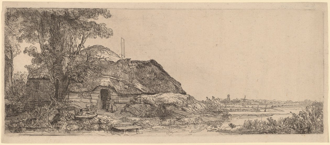 Krajobraz z domkiem i dużym drzewem autorstwa Rembrandt van Rijn