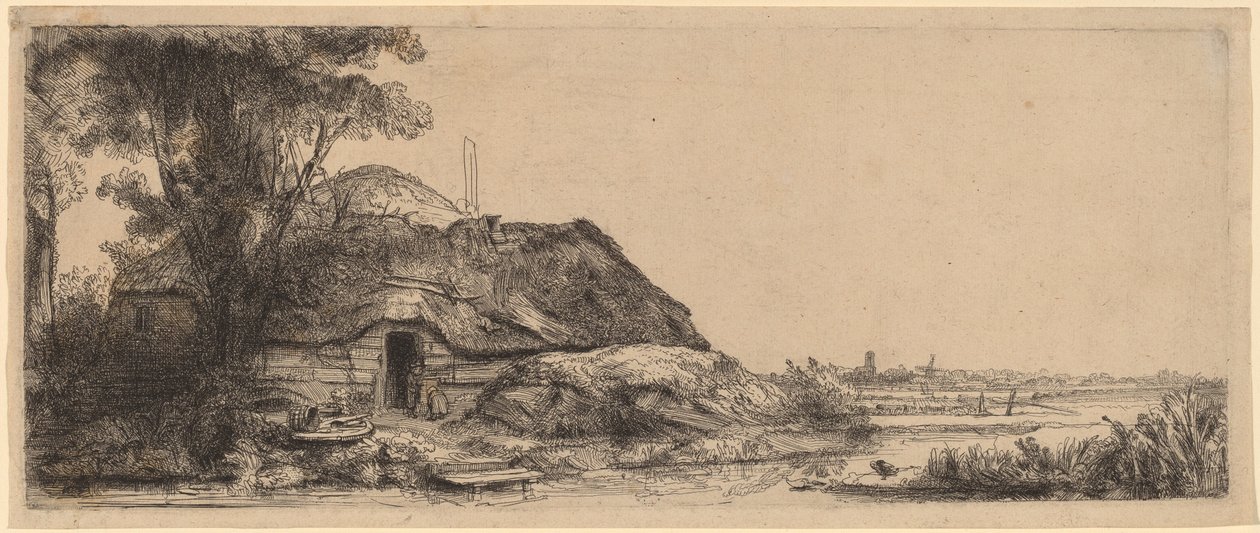 Krajobraz z domkiem i dużym drzewem autorstwa Rembrandt van Rijn