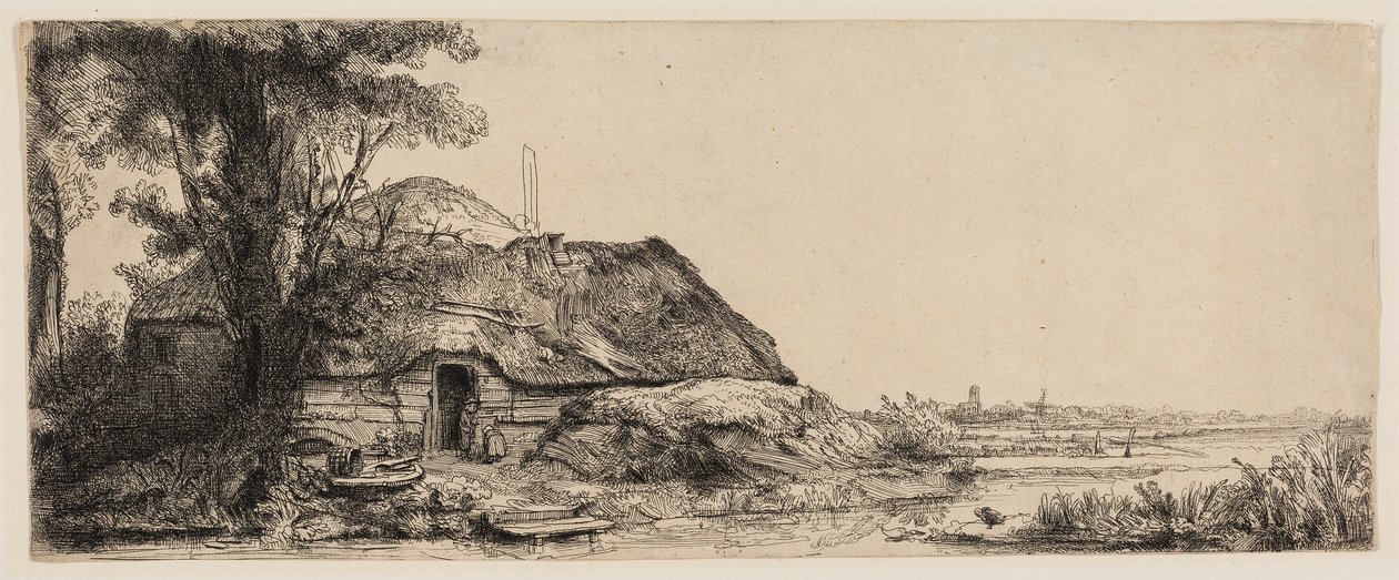 Krajobraz z domkiem i dużym drzewem autorstwa Rembrandt van Rijn