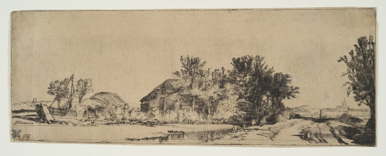 Pejzaż z domem wiejskim wzdłuż drogi nad kanałem, ca. 1652. autorstwa Rembrandt van Rijn