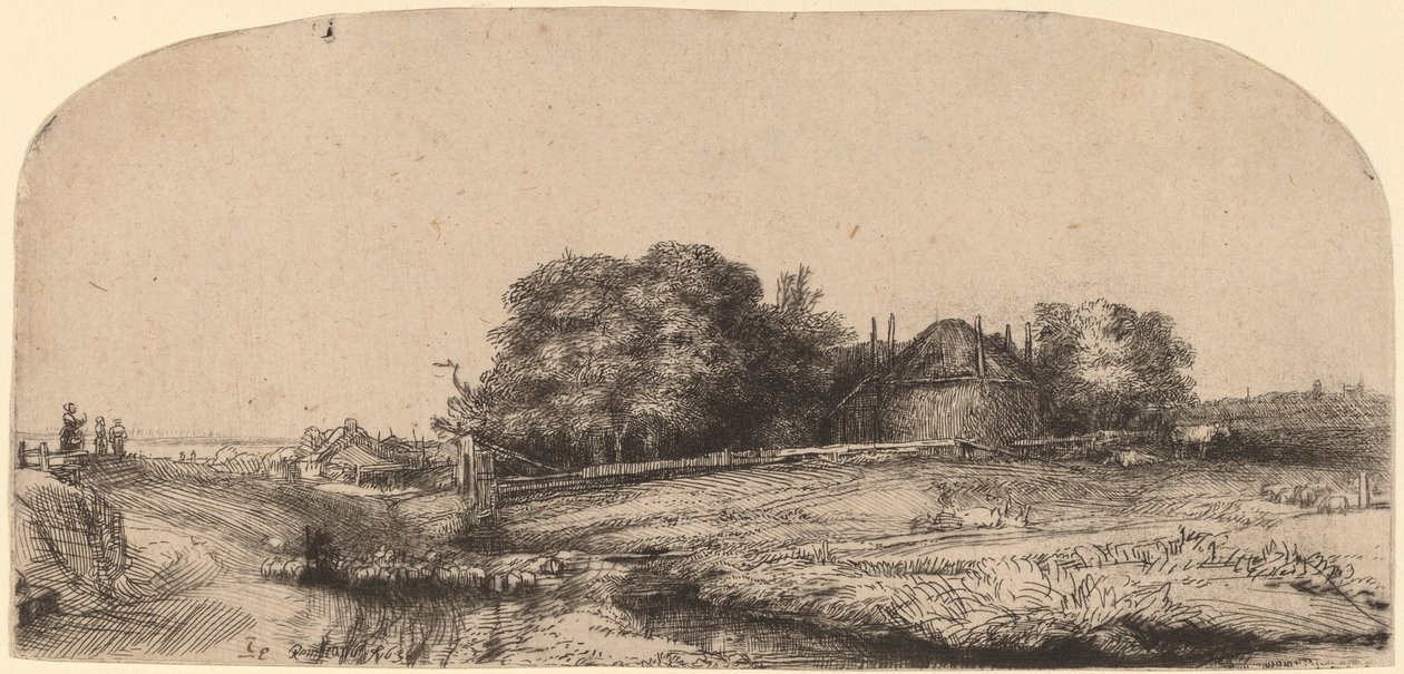 Krajobraz ze stodołą na siano i stadem owiec autorstwa Rembrandt van Rijn