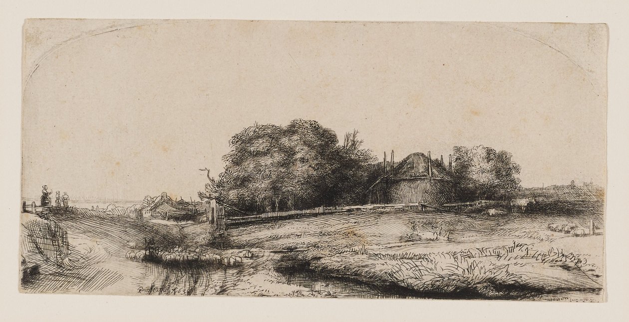 Pejzaż ze stodołą na siano i stadem owiec autorstwa Rembrandt van Rijn