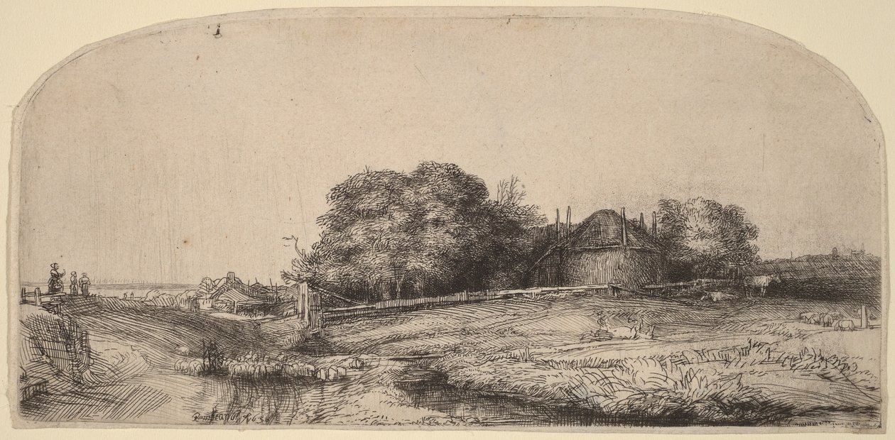 Pejzaż ze stodołą na siano i stadem owiec autorstwa Rembrandt van Rijn