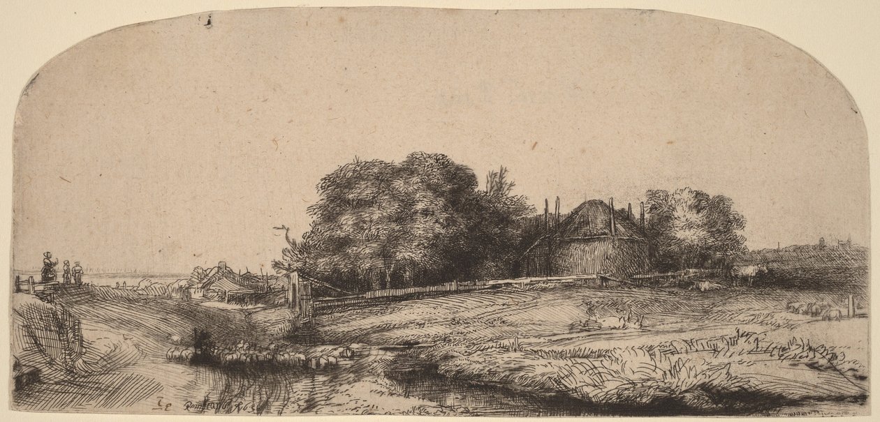 Pejzaż ze stodołą na siano i stadem owiec autorstwa Rembrandt van Rijn