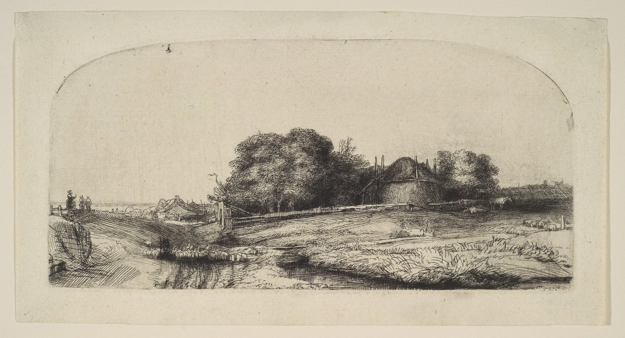 Krajobraz ze stodołą na siano i stadem owiec, 1652. autorstwa Rembrandt van Rijn