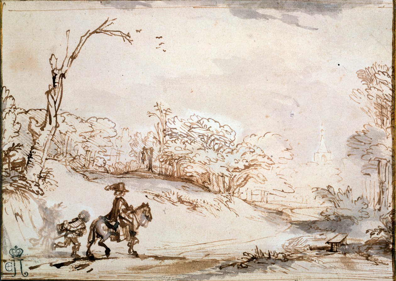 Krajobraz z jeźdźcem, 1648-1650. autorstwa Rembrandt van Rijn