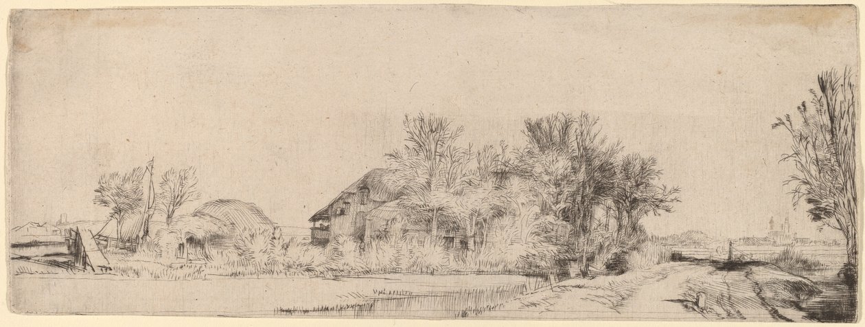 Krajobraz z drogą obok kanału autorstwa Rembrandt van Rijn
